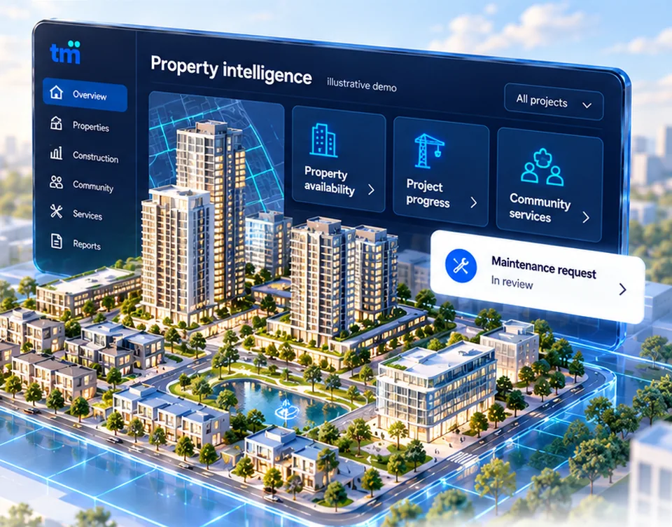 Illustrative property intelligence view over a 3D residential development, showing availability, project progress, community services and a maintenance request under review.