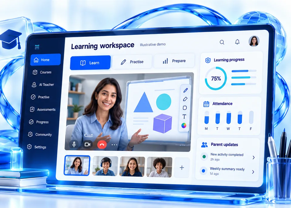 Illustrative learning workspace with a teacher-led lesson, practice tools, learning progress, attendance and parent updates.