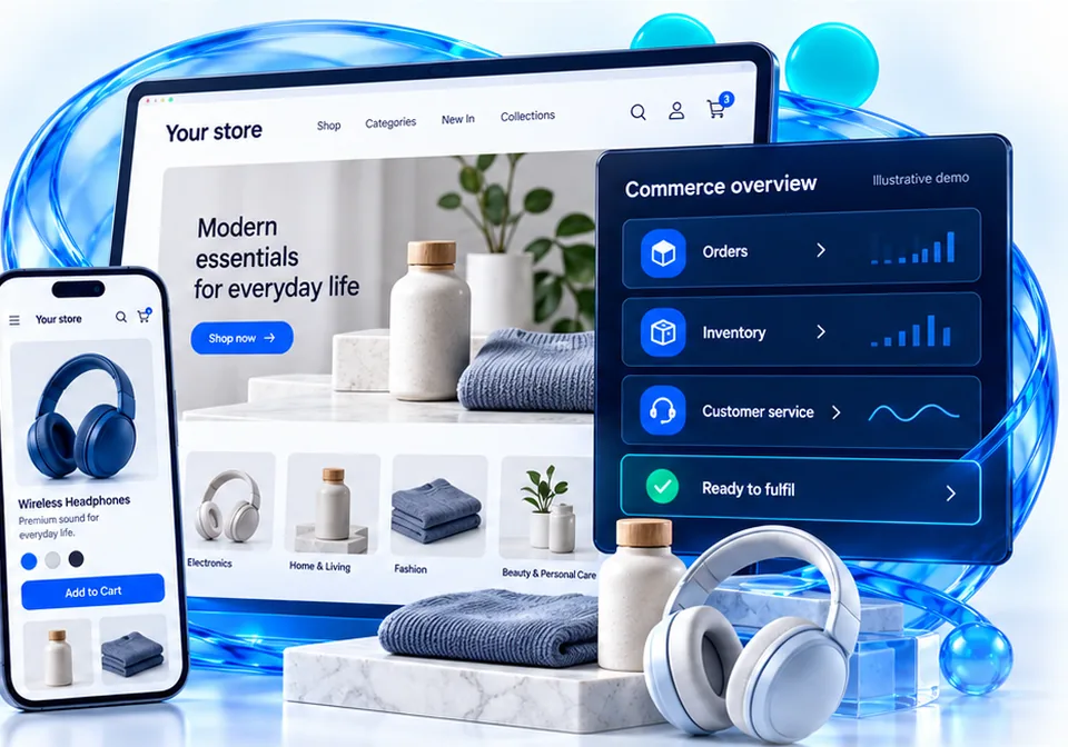 Illustrative online store and mobile app beside a commerce overview showing orders, inventory, customer service and orders ready to fulfil.