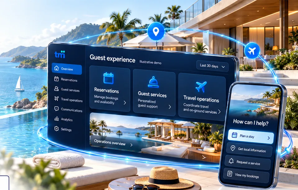 Illustrative guest experience dashboard over a coastal resort, with reservations, guest services, travel operations and a mobile assistant.
