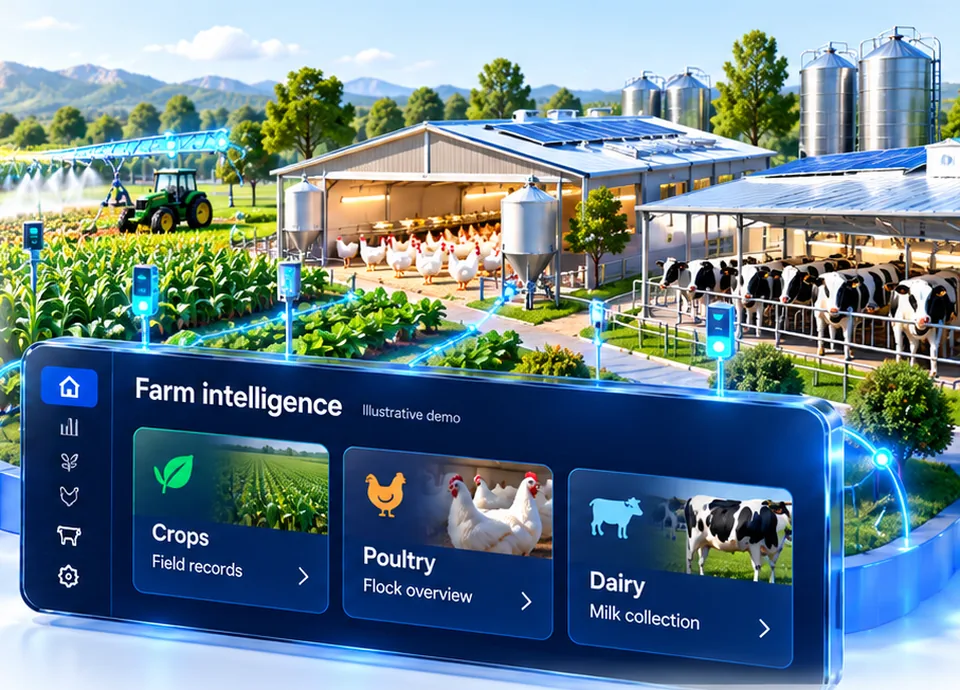 Illustrative farm intelligence panel for crops, poultry flocks and dairy milk collection, set against irrigated fields, poultry houses and a dairy herd.